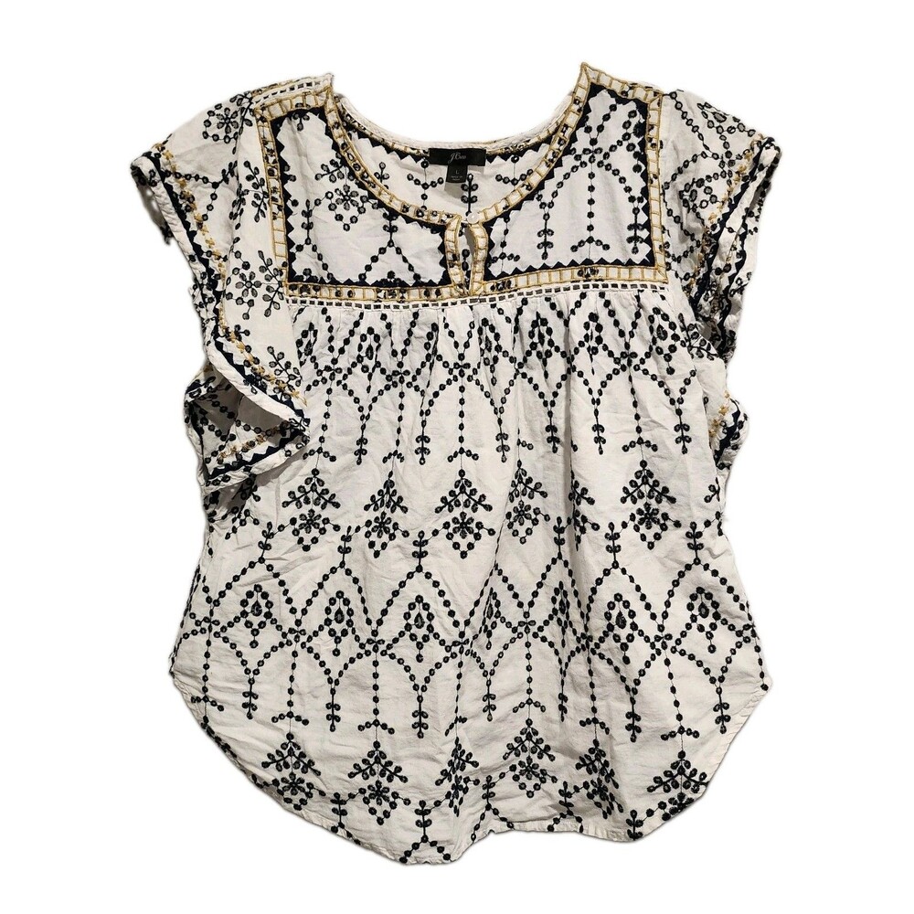 J. Crew Flutter Short Sleeve Eyelet Embroidered Boho 100% Cotton Top Size Large